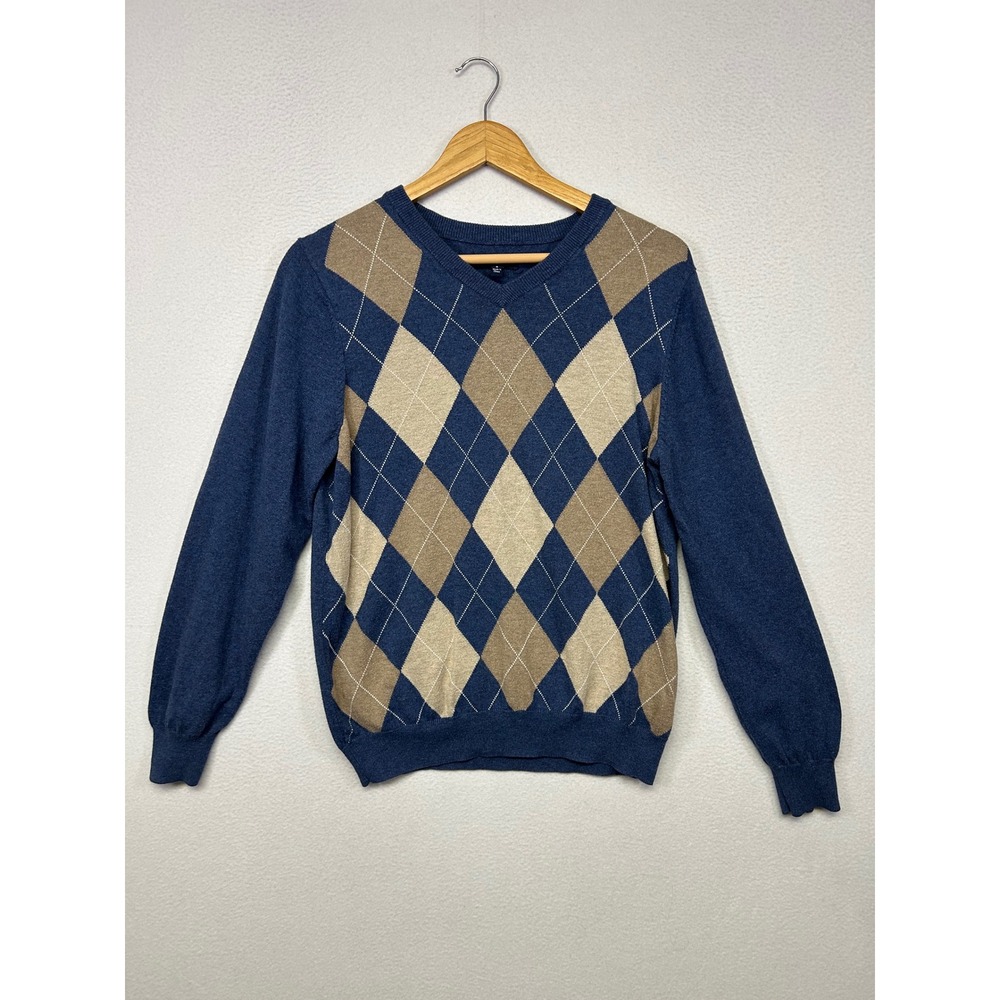 Preppy Dark Academia Croft & Barrow Mens Small Blue Tan Argyle V-Neck Sweater
